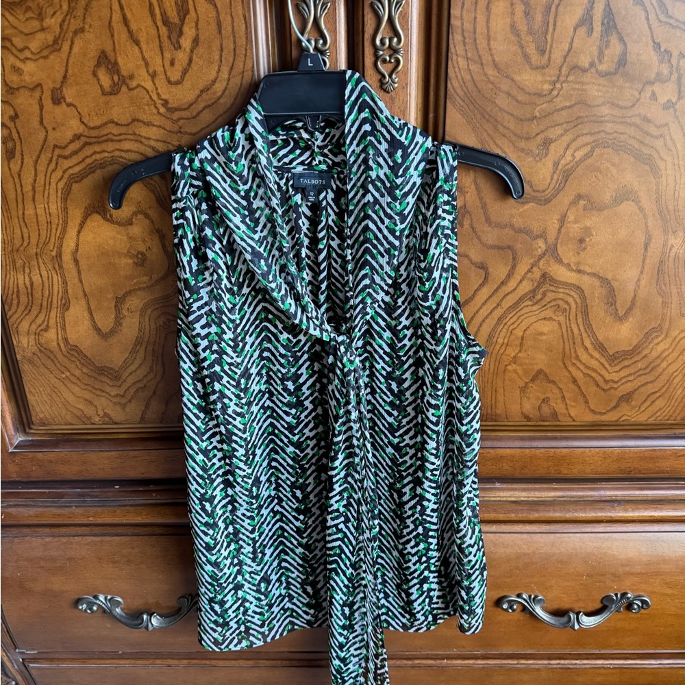 Talbots Black and Green Tie Front Blouse